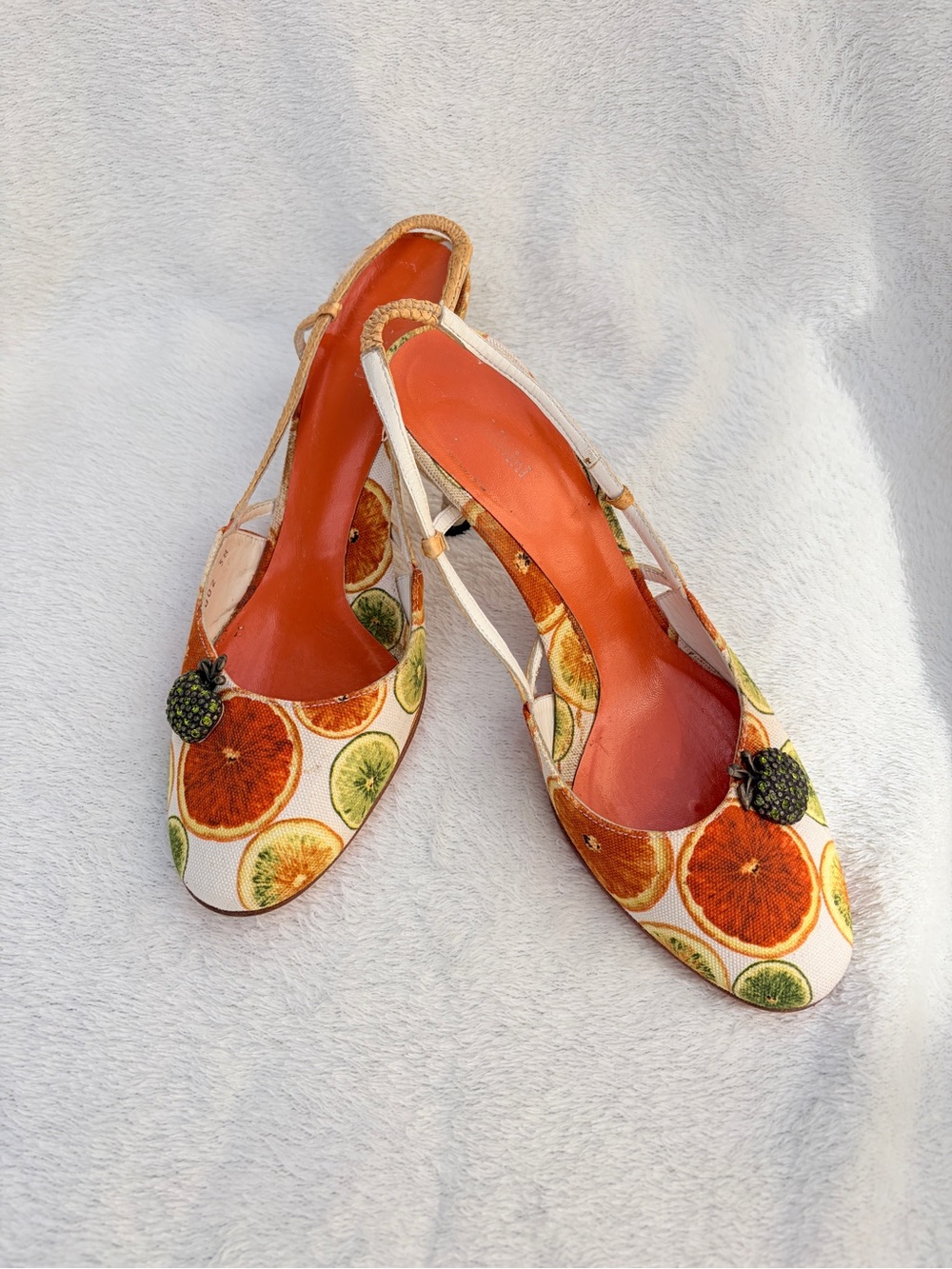 Vintage Baldinini Citrus Print Slingback Pumps with Crystal Embellished Apple